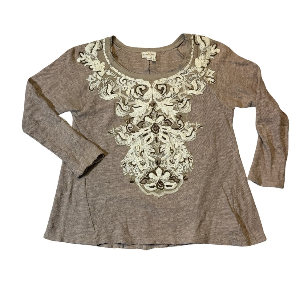 Meadow Rue womens XS tan embroidered round neck cotton lace blouse EUC